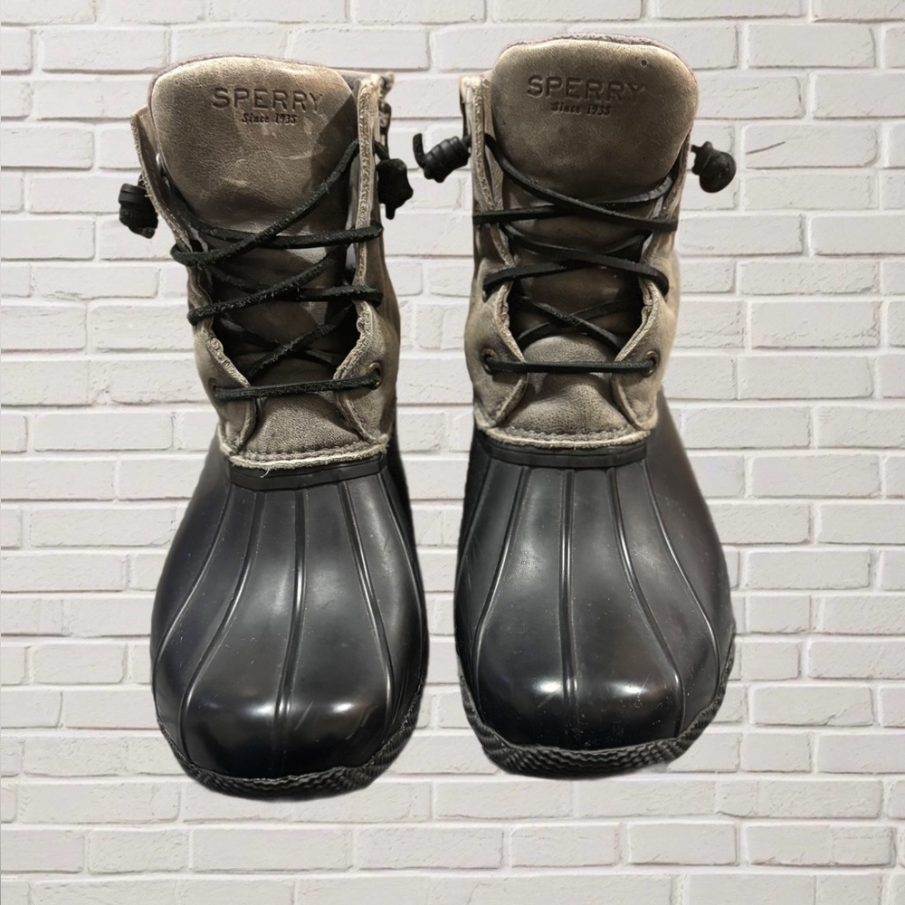 Sperry Saltwater Duck Boots Gray Leather Black Waterproof 9